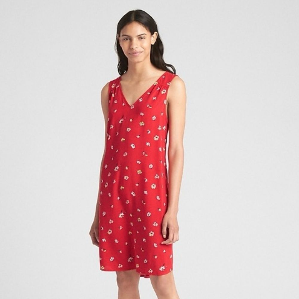 GAP Sleeveless V-Neck Red Floral Print Shift Dress Size Small
